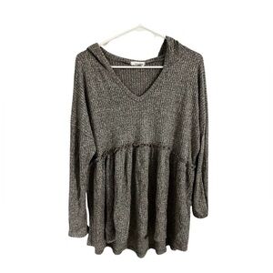 Size M First Love by Lovelyn Heather Grey Waffle Knit Hooded Peplum Top